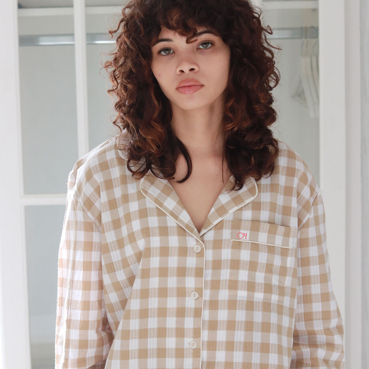 gingham pjs in beige