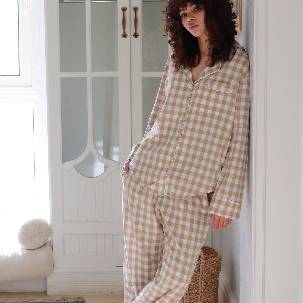gingham pjs in beige