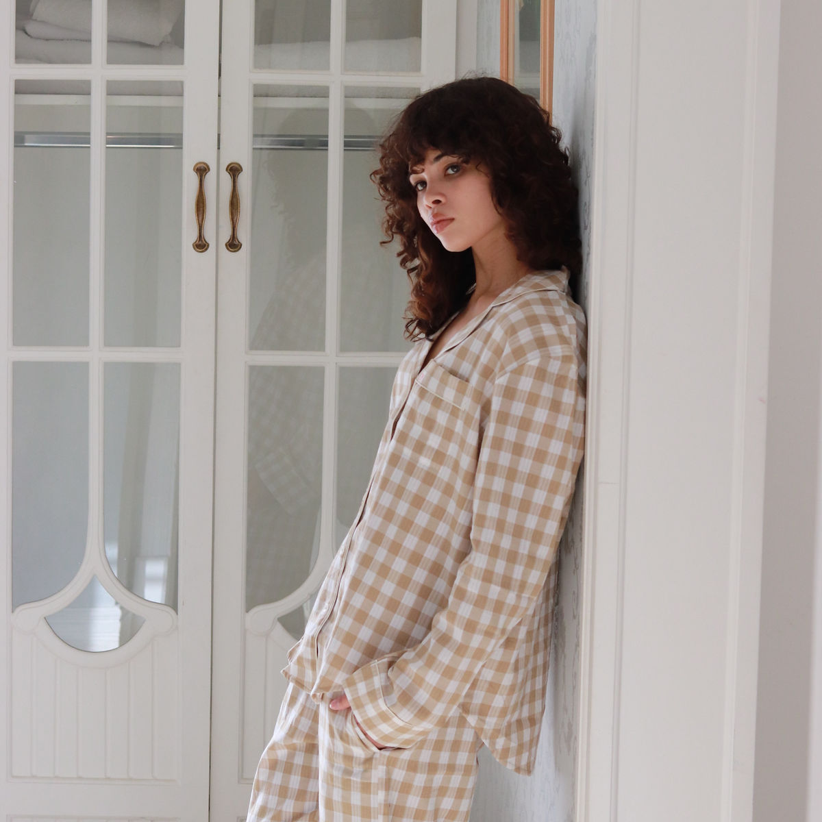 gingham pjs in beige