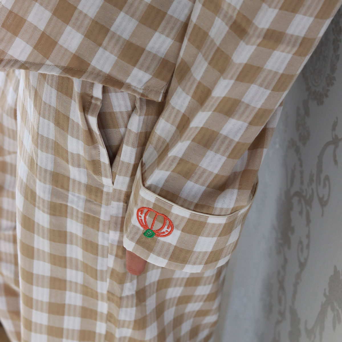 gingham pjs in beige