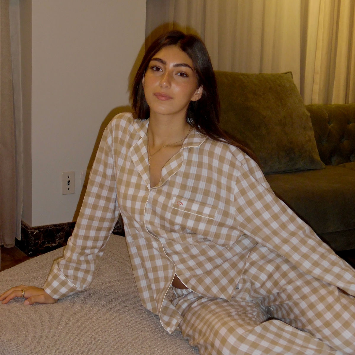 gingham pjs in beige