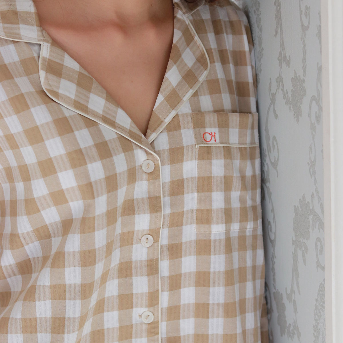 gingham pjs in beige